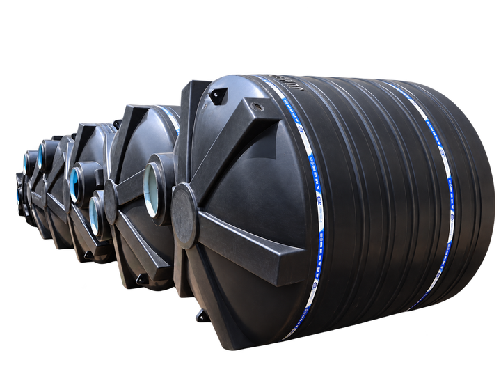 A row of black Jumbo cylindrical tanks with the background removed, receding away from the camera so the ribbed walls, the moulded handles and the printed product band on each one line up.