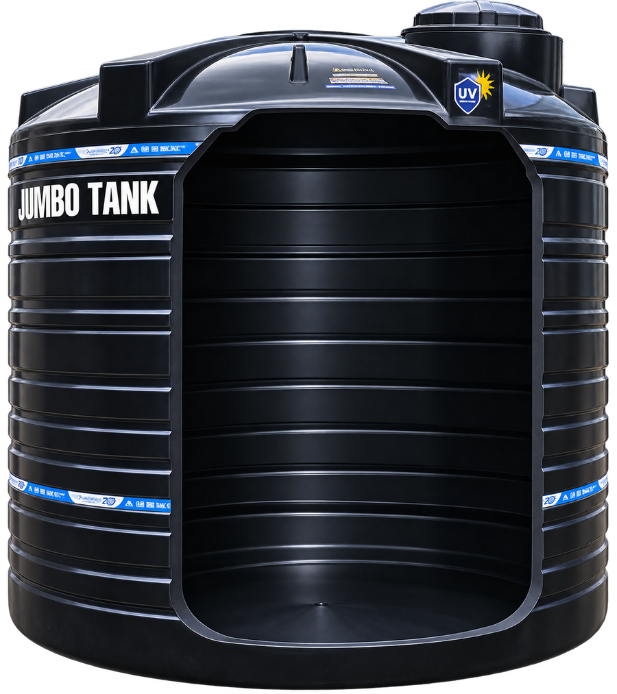 A black Jumbo Tank water tank shown in cross-section, its front wall cut away to show the ribbed inner wall and the water inside, with the JUMBO TANK wordmark, blue product banding and the UV protection badge.